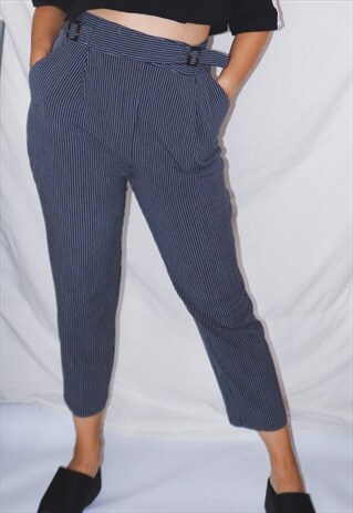 PINSTRIPE TROUSERS HIGH WAISTED NAVY BLUE SMART WEAR CHIC