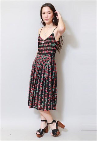VINTAGE 1970'S BLACK & RED FLORAL MIDI DRESS