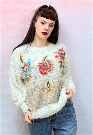 1980S VINTAGE CREAM FLORAL APPLIQUE KNITWEAR JUMPER