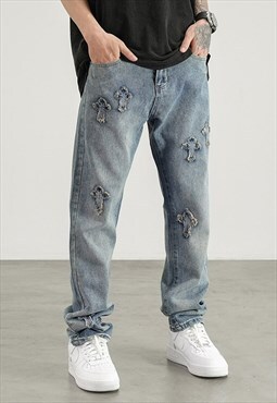 Blue Washed Crosses Distressed Pants Jeans Trousers