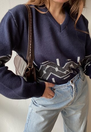 VINTAGE 80S ABSTRACT KNIT UNISEX OVERSIZED JUMPER PULLOVER