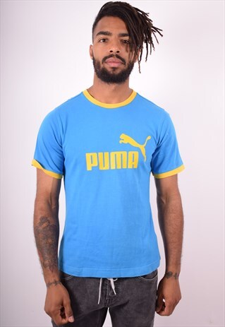 PUMA MENS VINTAGE T-SHIRT TOP SMALL BLUE 90S