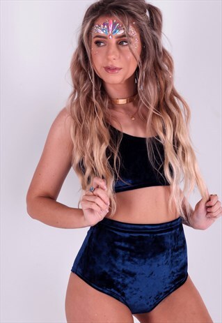 NAVY BLUE VELVET CROP AND FULL BRIEF BOTTOMS FESTIVAL SET
