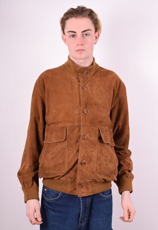 MENS VINTAGE SUEDE BOMBER JACKET LARGE BROWN 90'S