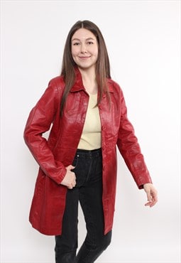 90s red leather trench coat vintage romantic French overcoat