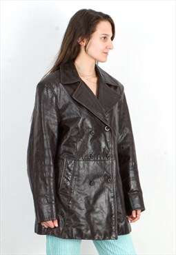 Vintage Women's L Leather Brown Coat Overcoat Trench Mac
