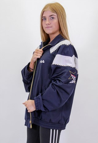 VINTAGE OVERSIZE FILA LOGO JACKET IN BLUE LARGE