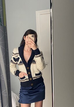 Vintage Knitted White Navy Fair Isle Cardigan