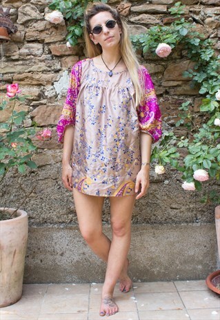 VINTAGE INDIAN SILK FLORAL TUNIC TOP