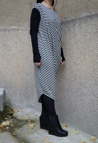 LONG SLEEVE KAFTAN/STRIPE ASYMMETRICAL TUNIC/OVERSIZED/F1523