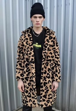 Leopard fleece coat Animal print jacket faux fur Mac brown
