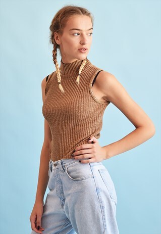 90'S RETRO RIBBED KNIT SHIMMER TURTLENECK TOP