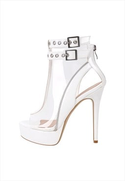 Clear Open Toe Stiletto Buckle Zipper Platform Sandals