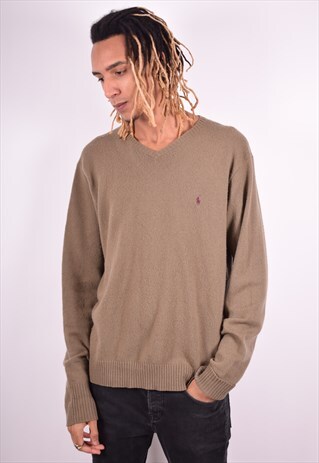 POLO RALPH LAUREN MENS VINTAGE JUMPER SWEATER XL KHAKI 90'S