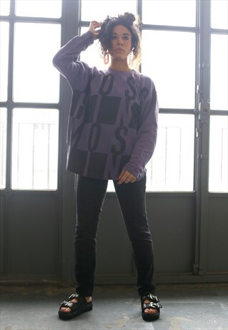 VINTAGE MOSCHINO UNISEX PRINT BOLD LOGO BOXY JUMPER PURPLE