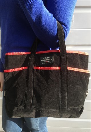 WOMENS BLACK RED RALPH LAUREN POLO JEANS VELVET HANDBAG