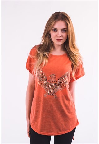 SHORT SLEEVE T SHIRT WITH GOLD GEOMETRIC EAGLE DESIGN ORANGE