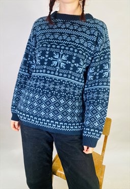 Vintage Size L Nordic Grandad Knit Jumper in Blue