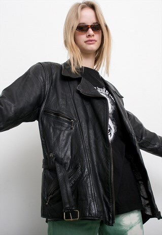 VINTAGE LEATHER JACKET BLACK BELTED HEAVY LONG SLEEVED 80S