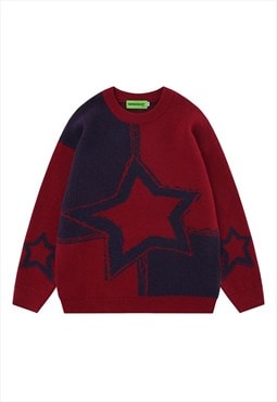 Star sweater knitted geometric jumper skater top in red