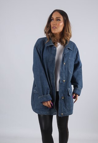 VINTAGE DENIM JACKET OVERSIZED CHECKED LONGLINE UK 16 (JK4R)