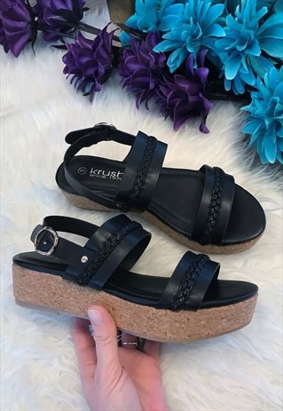 Low Wedge Black Faux Leather Platform Sandals