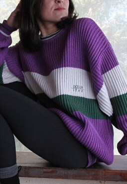 Vintage purple/cream/green striped chunky ribbed pullover