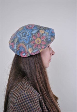 ABSTRACT FLEECE BERET, WINTER WOMENS HAT, ACID PATTERN, ONE