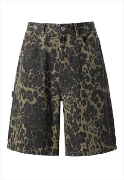 Leopard jean shorts animal print denim pants in green black