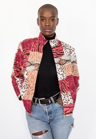 80S VINTAGE RED ANIMAL PRINT BOMBER JACKET