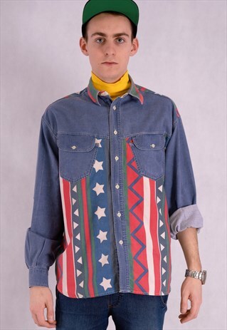 VINTAGE 90S ROCK STARS PRINTED DENIM CLASSIC COLLAR SHIRT