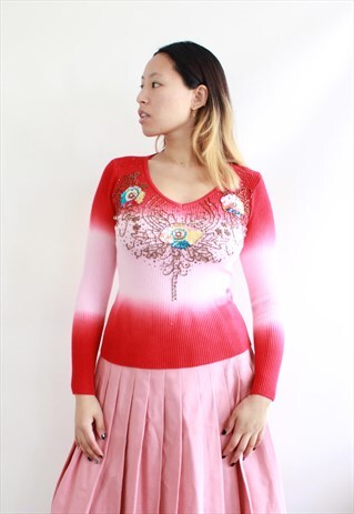 RED PINK DIP DYED OMBRE KNIT TOP