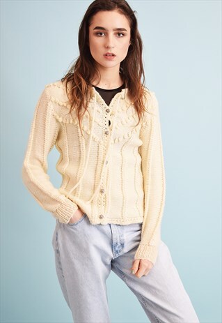 70'S RETRO HANDKNITTED RIBBED NEUTRAL CARDIGAN TOP