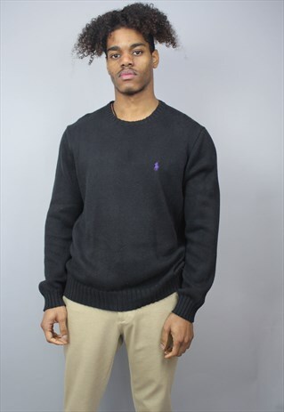 VINTAGE BLACK POLO RALPH LAUREN HORSE LOGO KNIT JUMPER