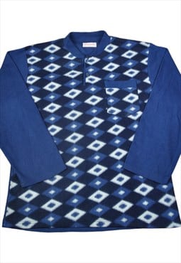 Vintage Fleece 1/4 Button Retro Pattern Blue Ladies Large