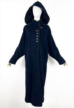 Vintage Hooded Navy Blue Wool Overcoat, Long Winter Coat