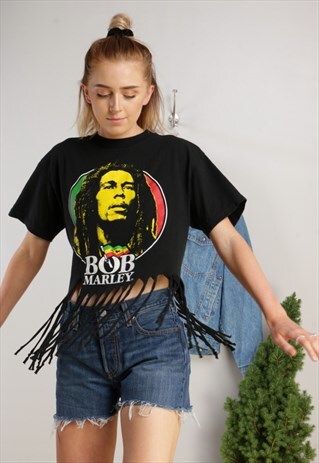VINTAGE BOB MARLEY PRINT TASSEL CROP TOP Z284