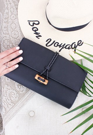 BLACK BAMBOO CLASP DETAIL CLUTCH BAG