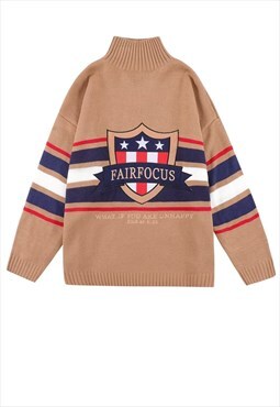 American flag sweater turtle neck baseball jumper in brown