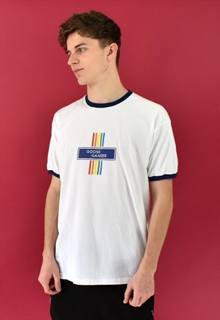 G&G UNISEX WHITE/NAVY RINGER RAINBOW STICK TEE