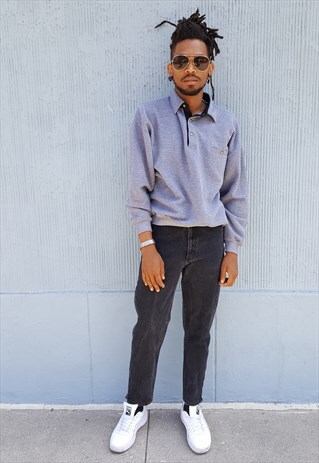 MINIMALIST SKATER SURFER TEXTURED GREY KNIT POLO SWEATSHIRT