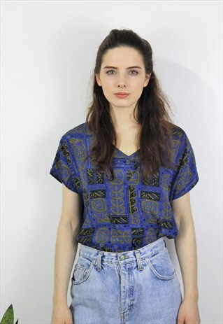 VINTAGE 1990S ROYAL BLUE AZTEC PRINT TOP