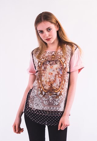 FLORAL AND MIRROR CHIFFON PRINT COTTON T-SHIRT