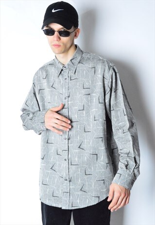 VINTAGE 90S GREY ABSTRACT GRUNGE LONG SLEEVE SHIRT