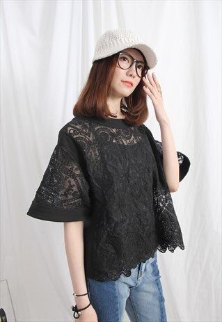 (KOREAN) ETHNIC EMBROIDERY MESH BOXY TOP BLACK