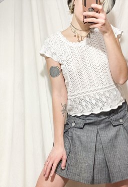 Vintage top 90s crocheted fairycore tee in white lace