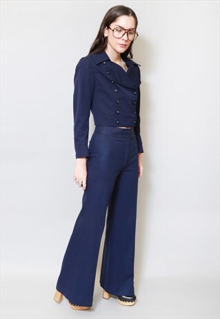 VINTAGE 1970'S NAVY BLUE WOOL BLEND DOUBLE BREASTED BLAZER
