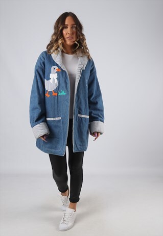 DENIM JACKET LONG OVERSIZED STRIPED LINED DUCK UK 18 (CK7D)