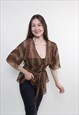VINTAGE LEOPARD BLOUSE, 90S BROWN SHEER BLOUSE WITH TIE BELT