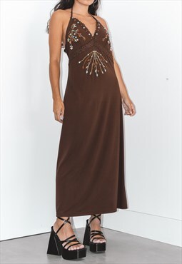 Vintage Y2k Halter Neck Maxi Dress With Embroidered Glass Be